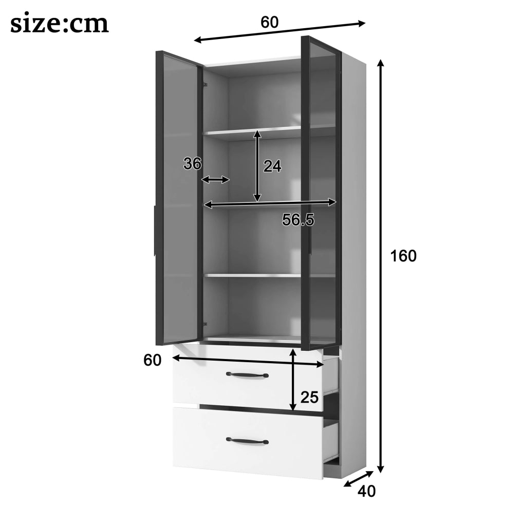 Vetrina LED bianca 60×40×160 cm con 2 cassetti