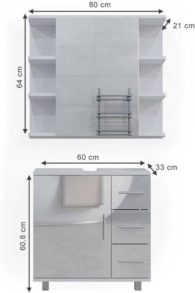 Set mobili bagno Ilias, Bianco lucido, 60 cm, composto da specchio da bagno e mobile sottolavabo