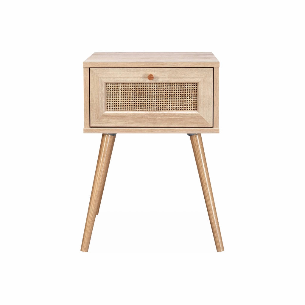 Comodino effetto legno e intrecciatura cannage, 1 cassetto, marrone