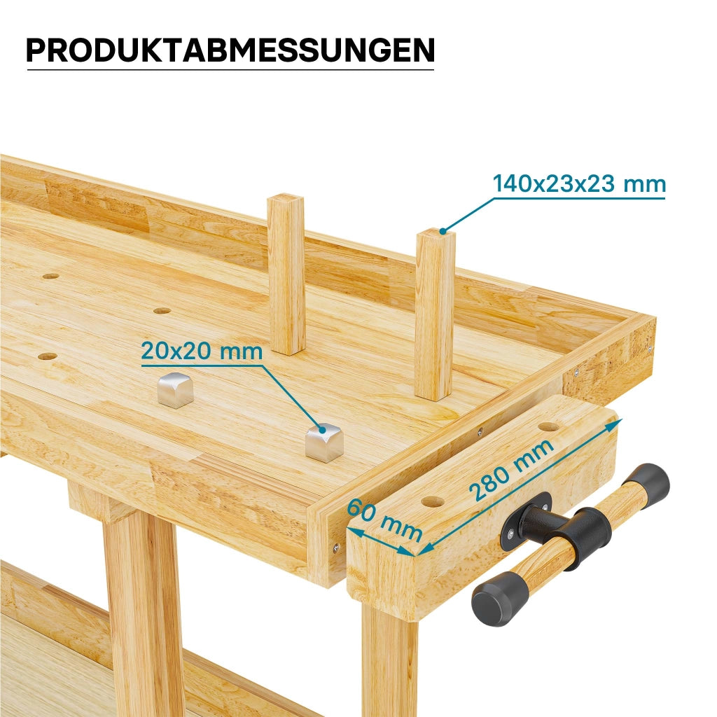 Banco da lavoro 145x49x86cm in legno (Rubberwood) ripiano e pinze di serraggio