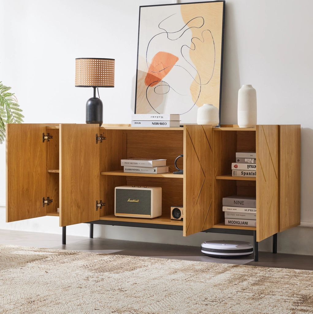 Sideboard naturale 160 cm con 4 ante e inserti in metallo