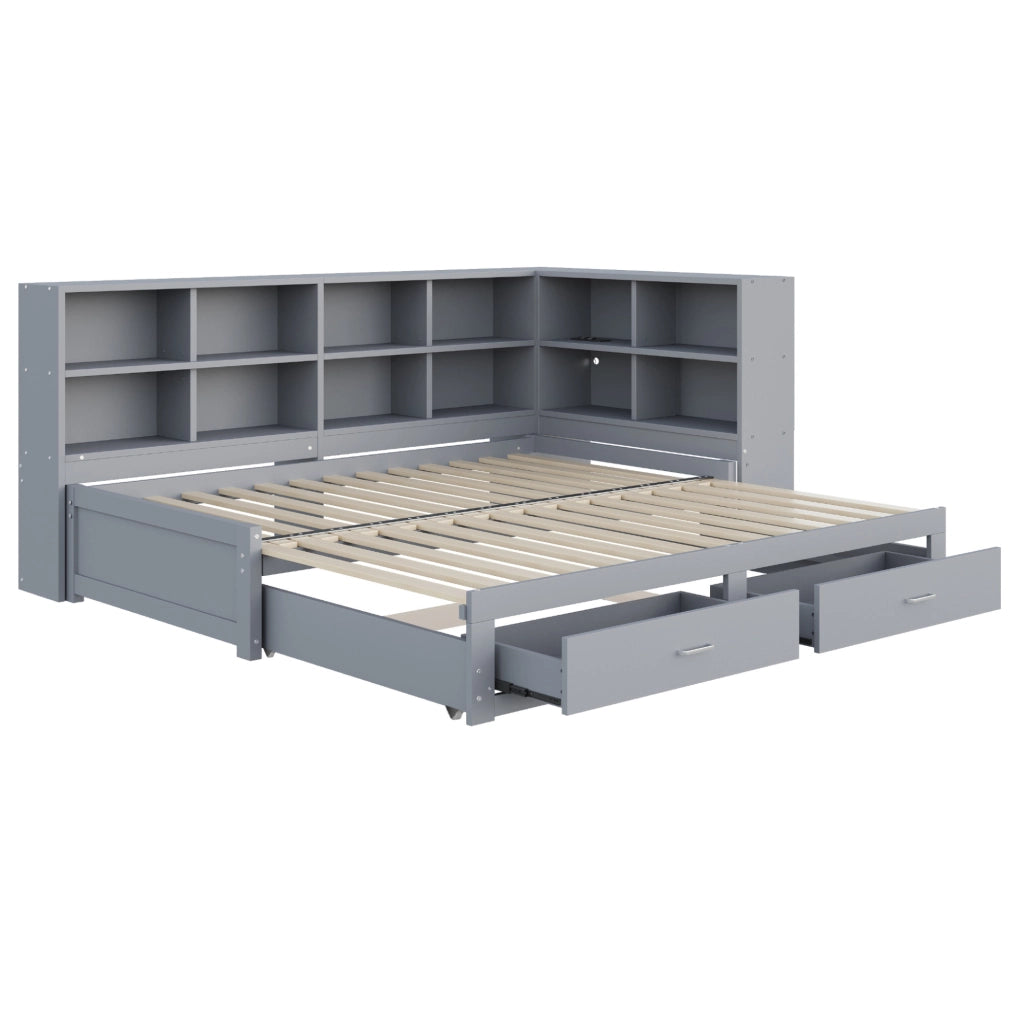 Letto singolo estraibile in legno con contenitori, cassetti e presa multifunzione