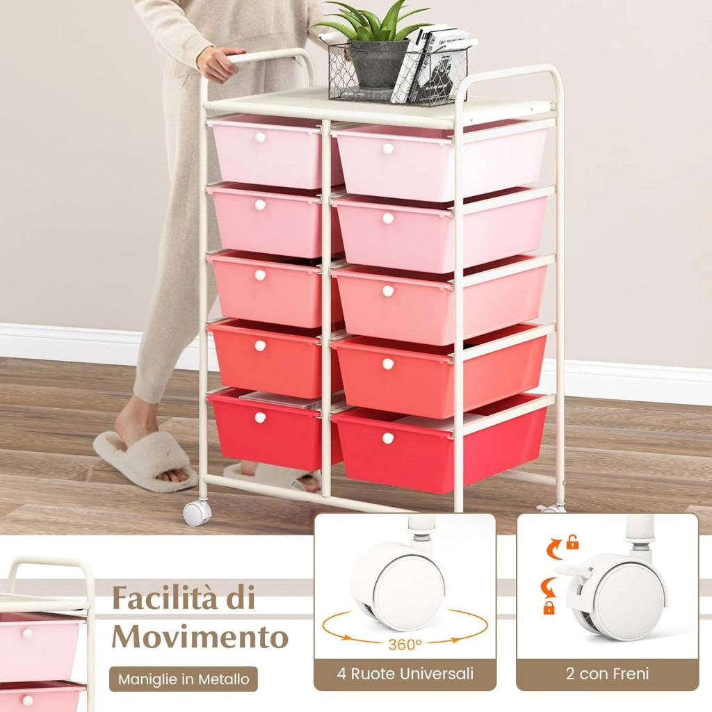 Carrello a 10 Cassetti con Ruote, Carrello di Stoccaggio con Stabilità Elevata, Carrello Multiuso per Casa Ufficio e Scuola, 65,5 x 37 x 87 cm (Sfumatura rosa)