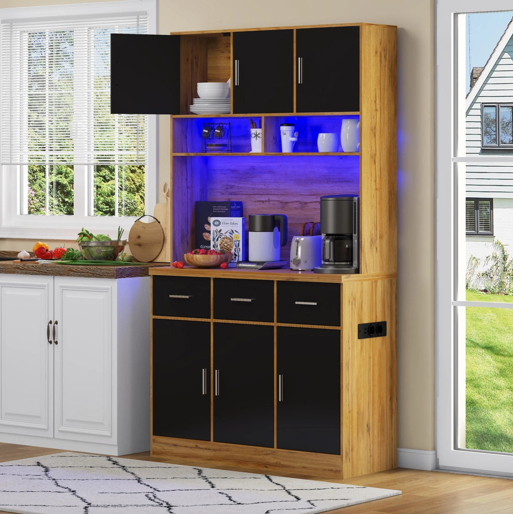 Buffet cucina 100x40x180 cm con LED; prese USB; cassetti e ripiani regolabili; naturale e nero