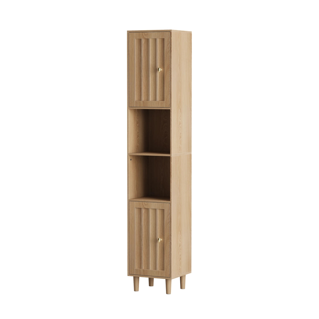 Mobile alto da bagno in stile Mid-Century, con ante a doppia porta e ripiani aperti, 32 x 30 x 169 cm, finitura effetto rovere