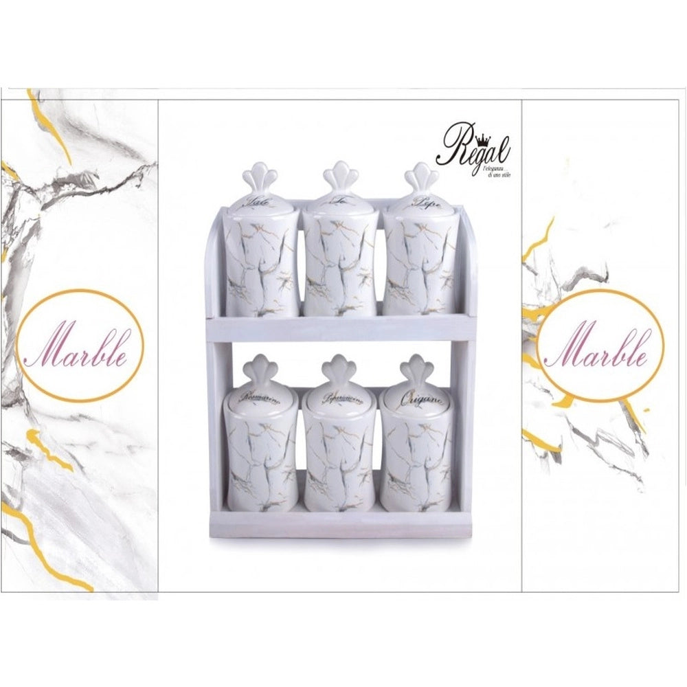 Set 6 Barattoli da Cucina Spezie in Ceramica + Mensola Decoro Marble