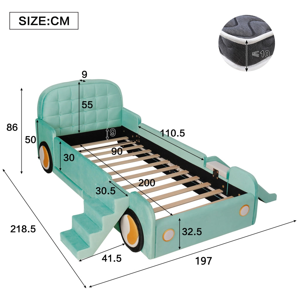Letto per Bambini 90x200 cm - Scivolo; Scala e Sponde Imbottite - Velluto Blu Verde