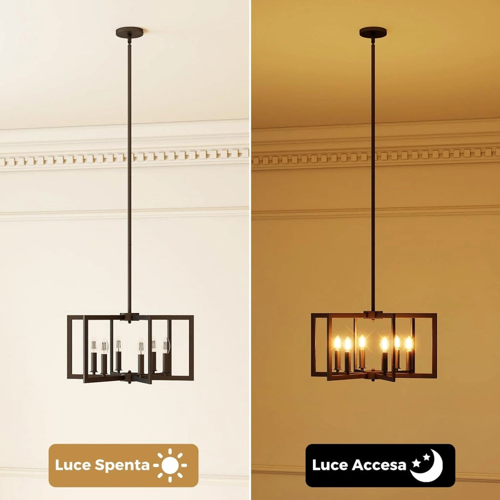 Lampadario a Sospensione a 6 Luci, Lampada a Sospensione Geometrica Moderna in Metallo Industriale con Altezza Regolabile, Lampada da Soffitto per Cucina, Salotto e Camera da Letto (Nero)
