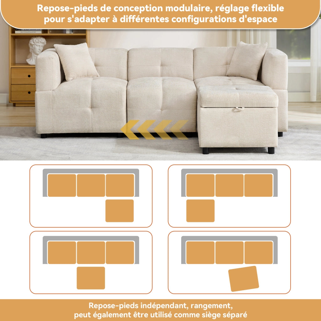 Divano Angolare 3 Posti Modulare con vano contenitore, Pouf rimovibile e 2 Cuscini, in Ciniglia Beige