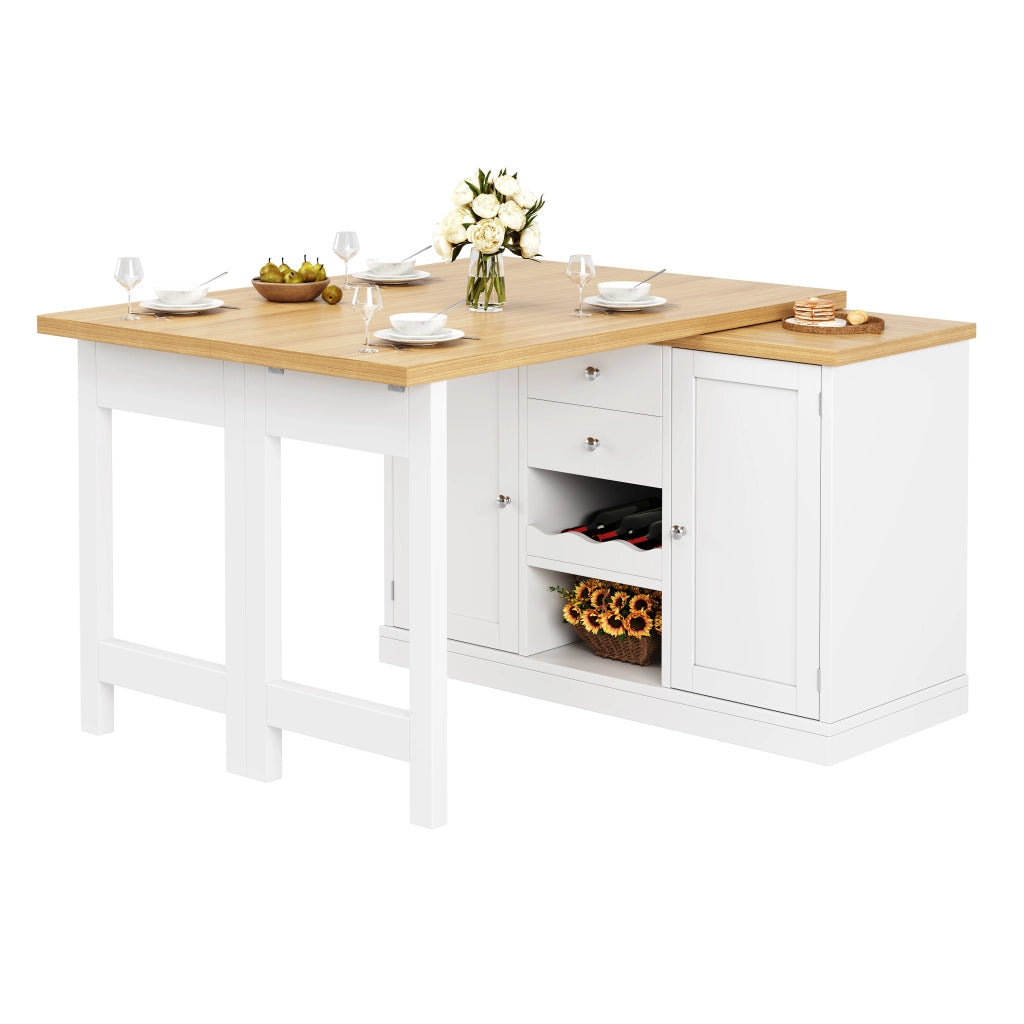 Tavolo da pranzo con 2 cassetti e ripiani; girevole ed estensibile per cucina; in MDF; bianco