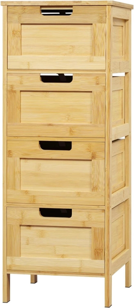 Mobile da Bagno Freestanding in Bambù con 4 Cassetti, Mobiletto per Soggiorno, Studio, Camera da Letto, 30x30x80cm, Colore Naturale del Bambù