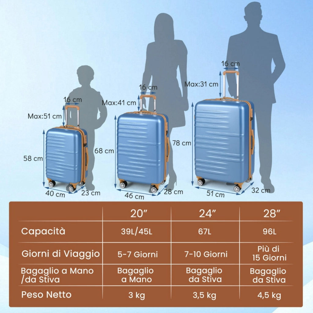 Set di valigie con maniglia telescopica in alluminio e ruote piroettanti, Set da 3 valigie rigide espandibili Blu scuro-Bagagli e borse