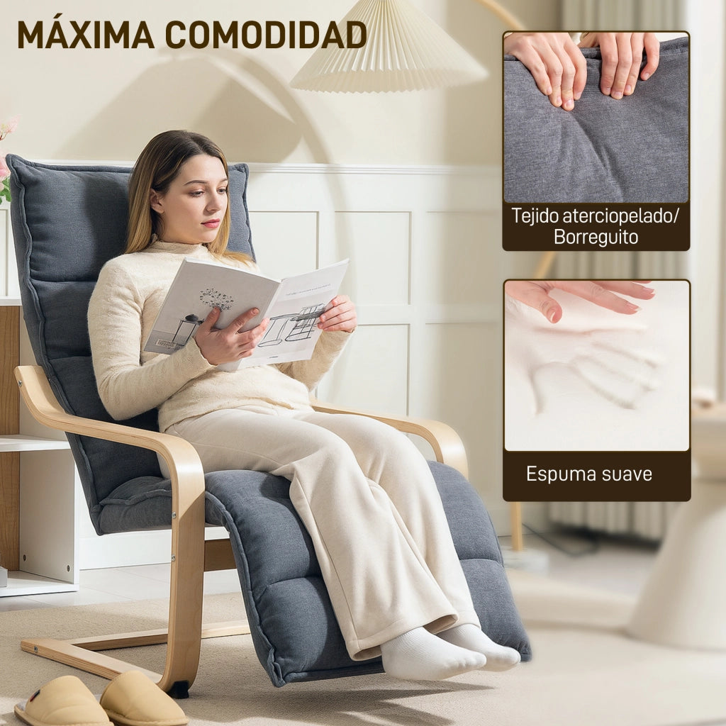 Poltrona con poggiapiedi regolabile in tessuto velluto e struttura in legno ¨C zephmum ¨C Grigio scuro 67x93x105 cm