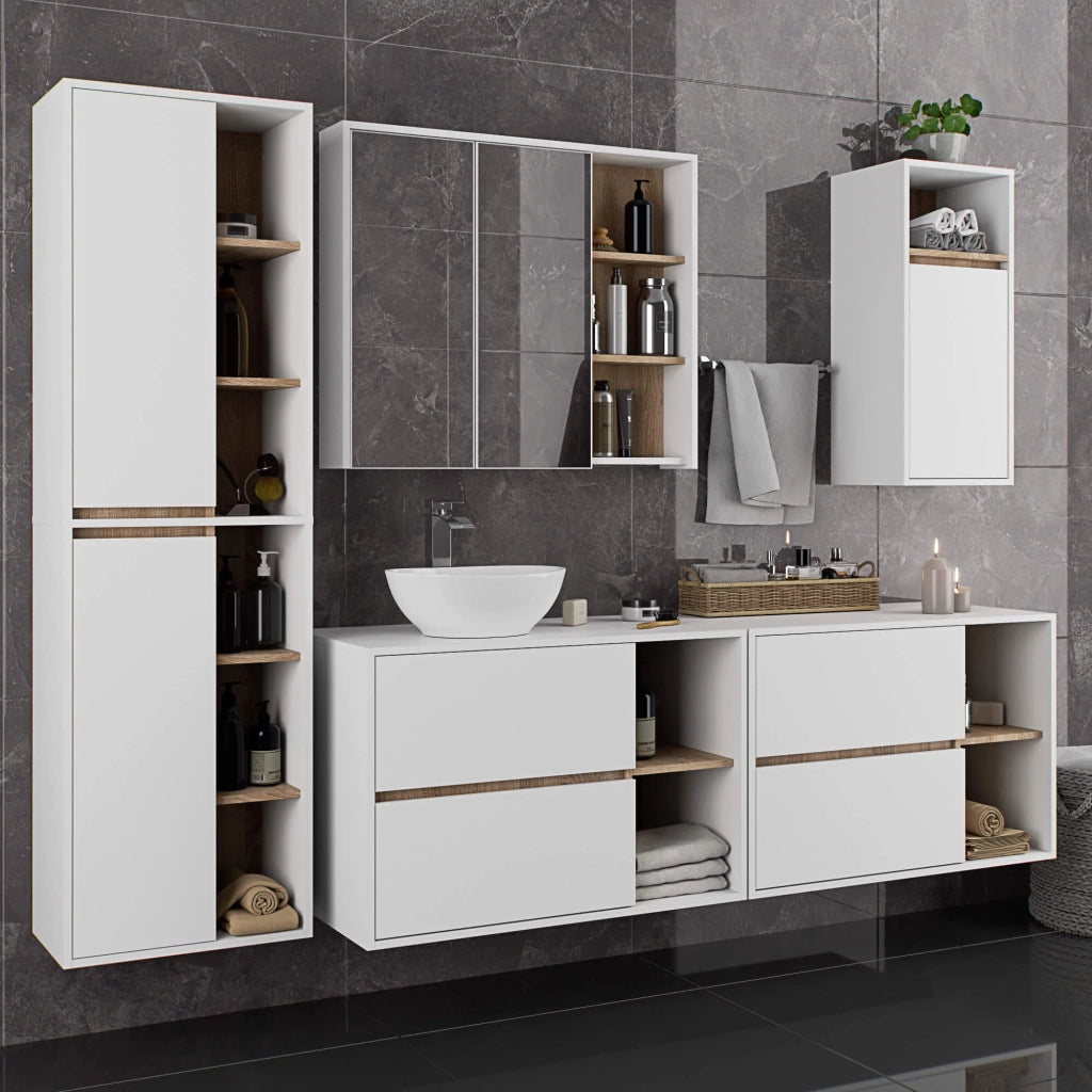 Pensile bagno con specchio VAMI Bianco, Sonoma Quercia 90 cm 2 ante 90x15x75 cm