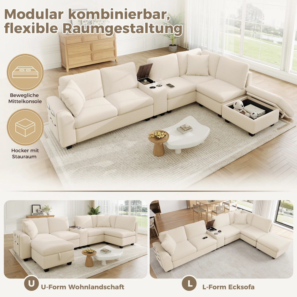 DIVANO Angolare Modulare 6 Posti 311 x 139 x 85 cm Corduroy Beige con ottomana