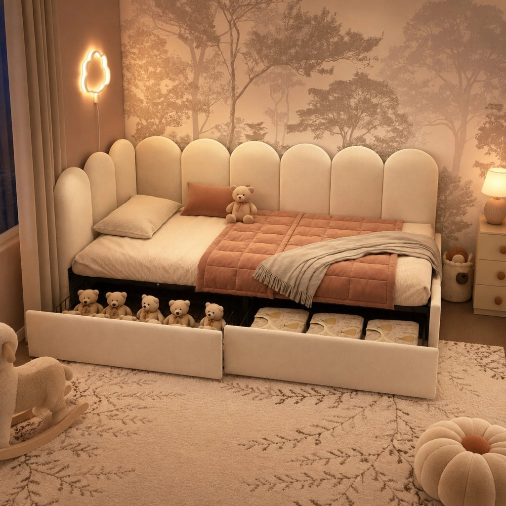 LETTO singolo 90x200 cm in velluto beige con 2 cassetti