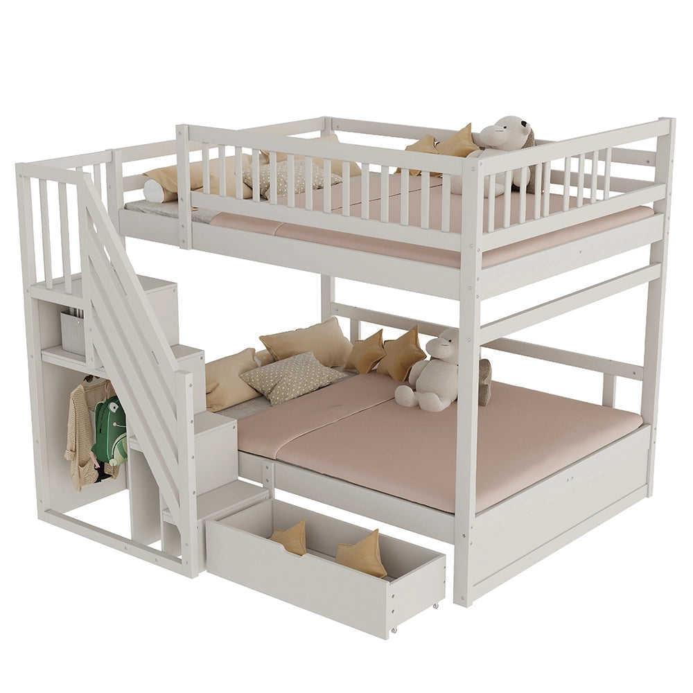 Letto a castello massiccio 140x200cm - Xylo - bianco, scala con ripiani, cassetti, EN747