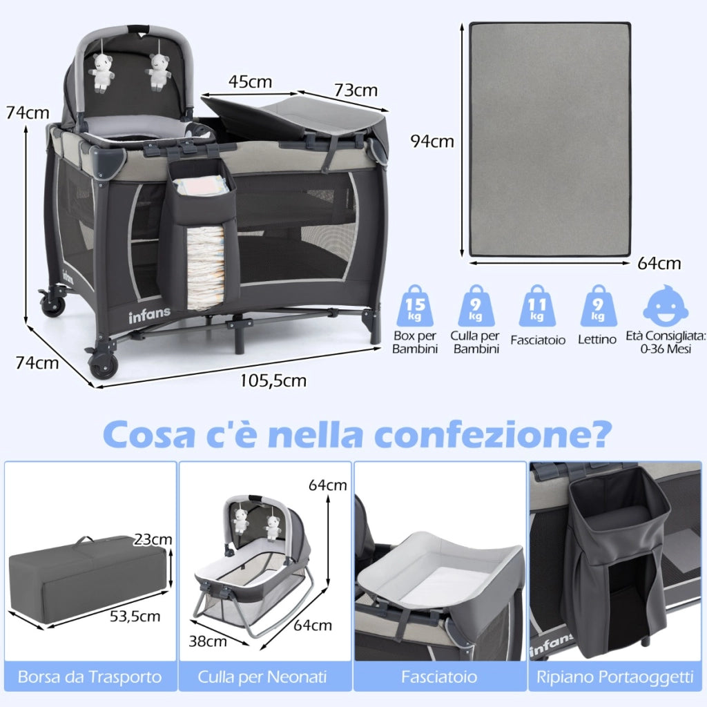 Lettino pieghevole con fasciatoio materasso con cestino e borsa da trasporto, Centro attivit¨¤ per bambini 5 in 1 Grigio-Culle