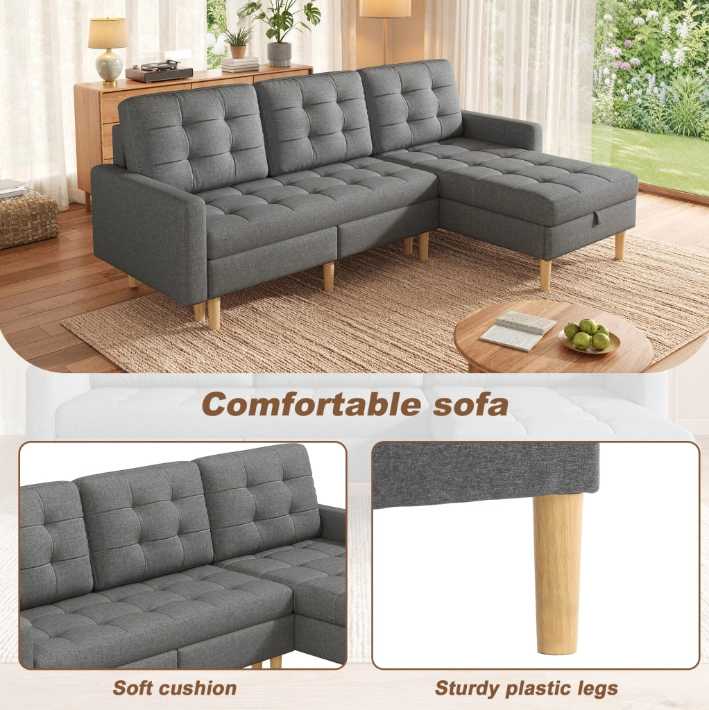 Divano angolare a L con contenitore e chaise longue reversibile, grigio