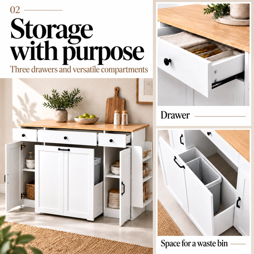Sideboard bianco con 3 cassetti, 2 ante e piano superiore color legno per cucina e sala da pranzo
