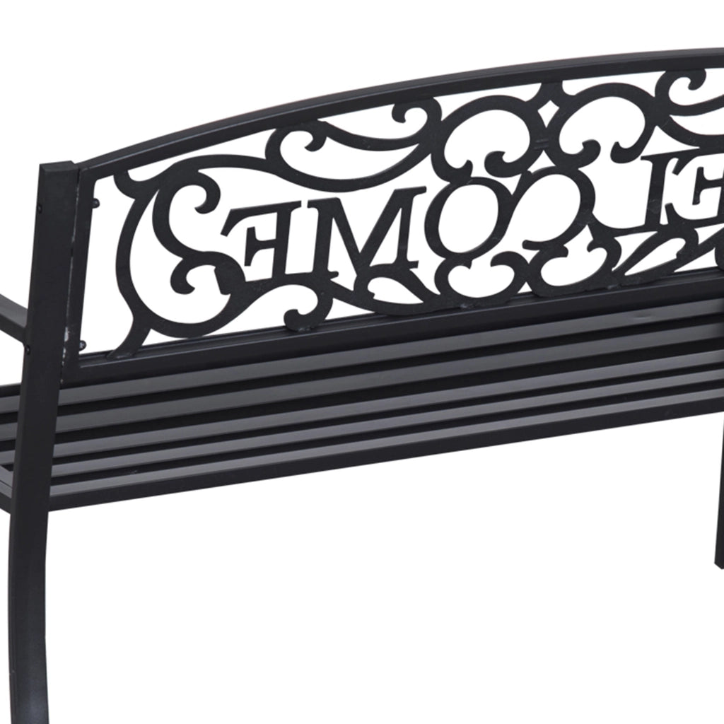 Panchina da giardino 2 posti in ferro nero, design decorativo con schienale “WELCOME”