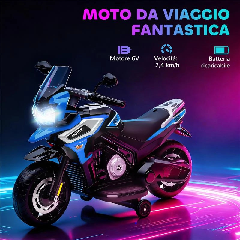 MOTO ELETTRICA PER BAMBINI CON ROTELLE, SPECCHIETTI E POGGIAPIEDI, IN PP E METALLO, 85.5X44.5X56 CM, BLU