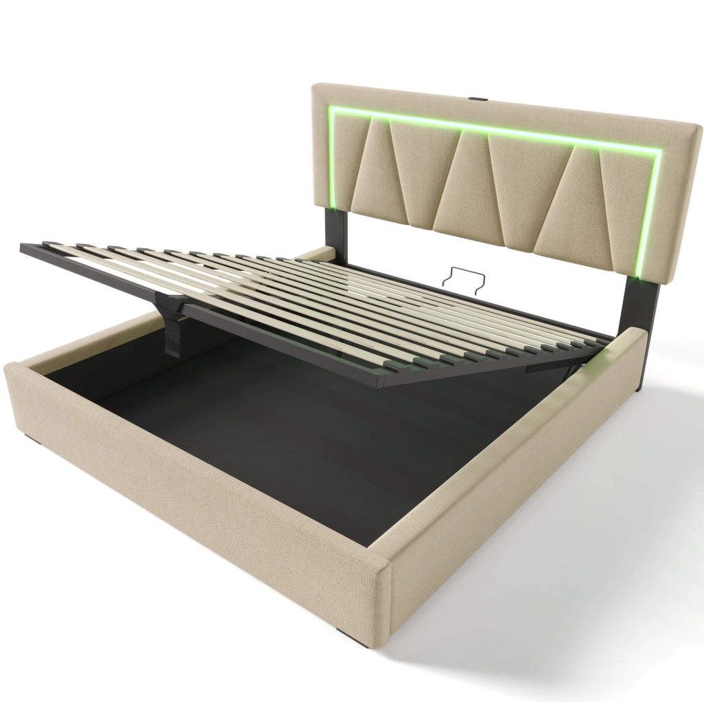 Letto contenitore ULEVR 140x200 cm con LED, USB e Type-C, testiera regolabile in lino beige