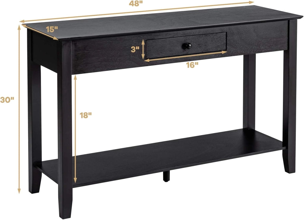 Tavolo consolle con cassetto, ripiano e piattaforma di visualizzazione a 2 ripiani in legno per ingresso, corridoio, soggiorno, camera da letto, tavolo multifunzionale per ingresso (nero)