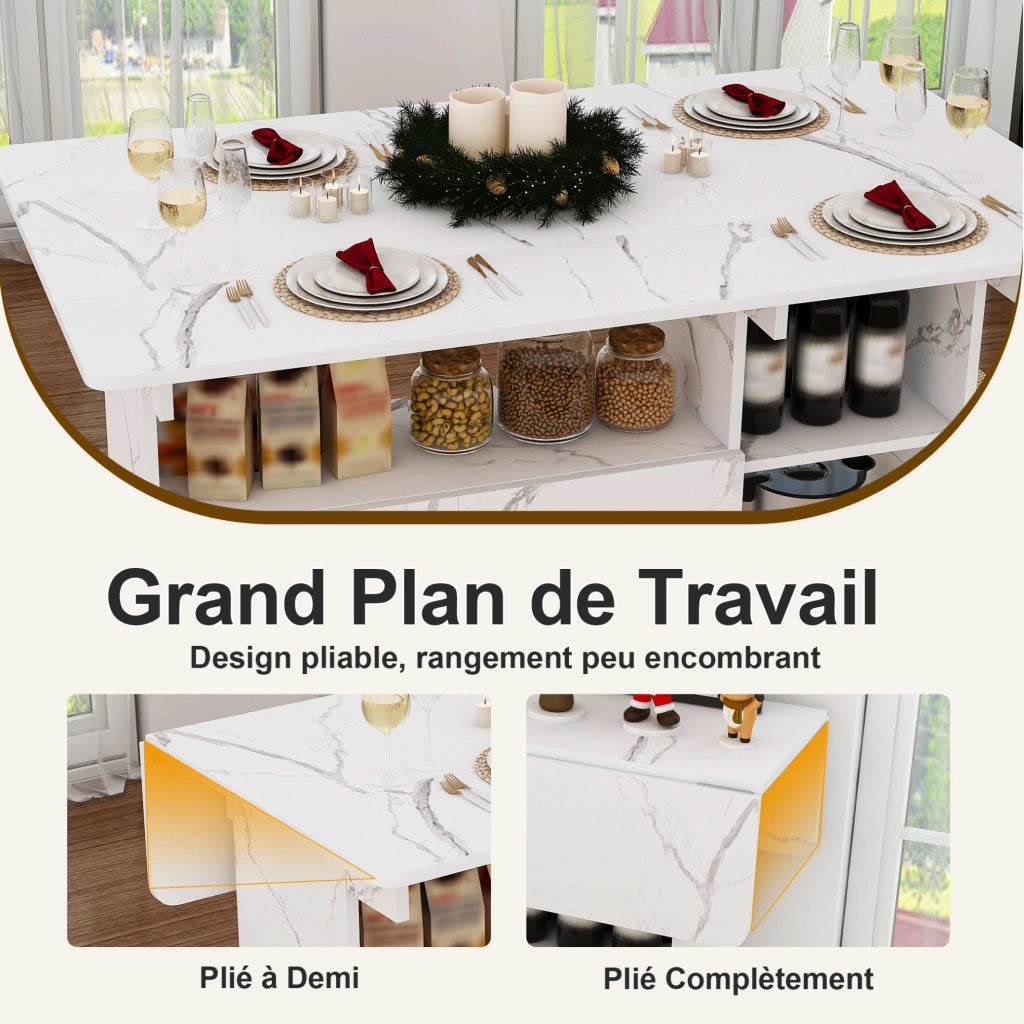 Tavolo pieghevole mobile 3 in 1 110x70x80 cm in MDF bianco con 5 ruote e vani portaoggetti