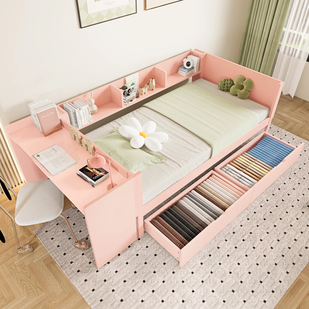 Letto singolo 90x200 cm con scrivania, 2 cassetti e 3 mensole rosa