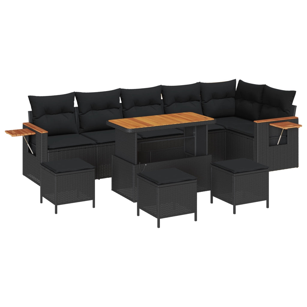 Set Divano da Giardino  10 Pezzi con Cuscini Nero Polyrattan Acacia