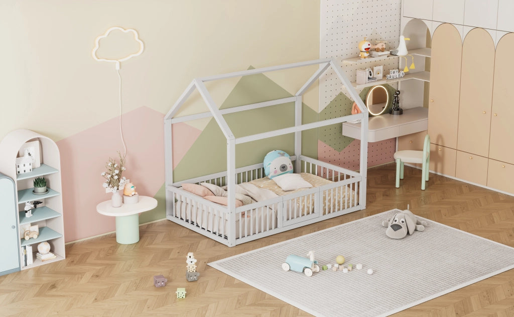DESMIU Letto casetta per bambini 1 posto con barriere e sportello, 90 × 200 cm, senza materasso, in pino e MDF, bianco