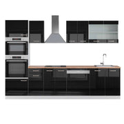 Vicco Cucina componibile Nero lucido/bianco 300 cm con armadio alto, PL Rovere