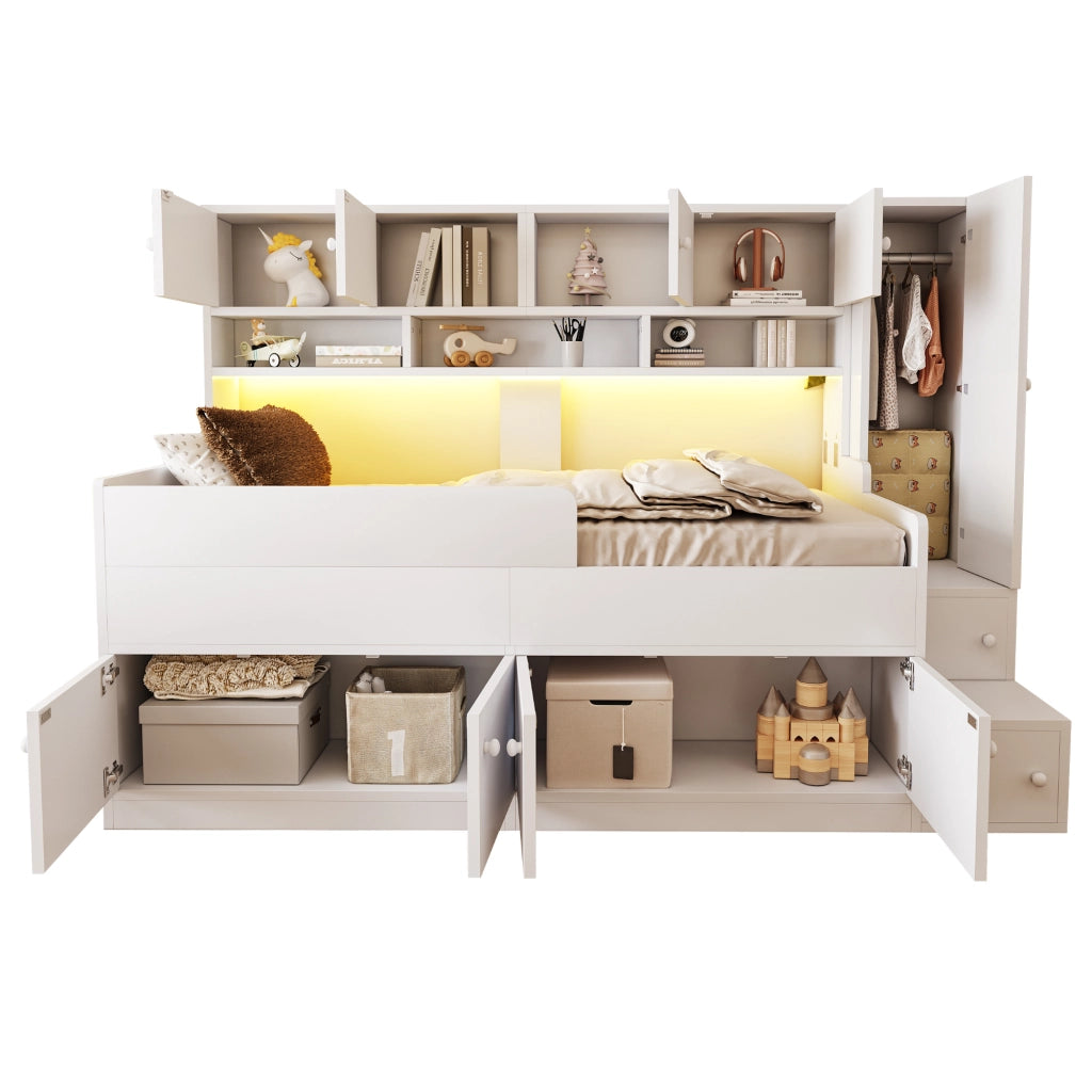 Letto a soppalco 90 × 200 cm con scala contenitore armadio LED e barriera in legno bianco
