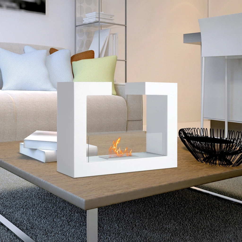 Caminetto Bioetanolo da Tavolo ¨C Xylo ¨C Acciaio Inossidabile Bianco con Vetro 78x25x58cm
