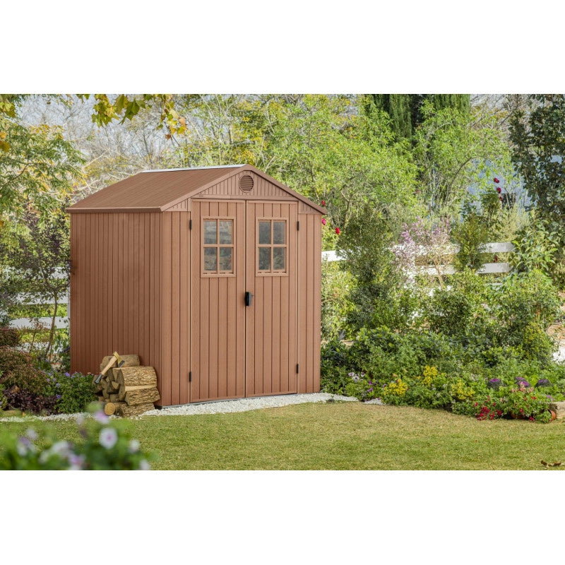 Casetta da giardino in resina EVOTECH+ effetto legno 190x183x221 cm - con pavimento rialzato e doppia porta - Marrone – Keter