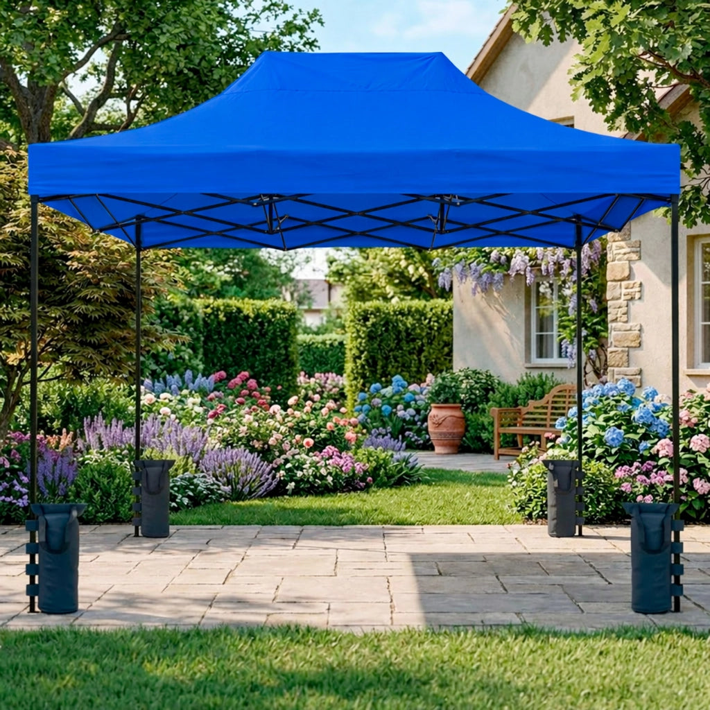 Gazebo Professionale Per Eventi Sagre E Feste Richiudibile Automatico In Acciaio Con Telo Oxford 1200D PVC Impermeabile E Anti UV Struttura A Fisarmonica Sacche Zavorra E Borsa Trasporto 3x4.5 M Blu