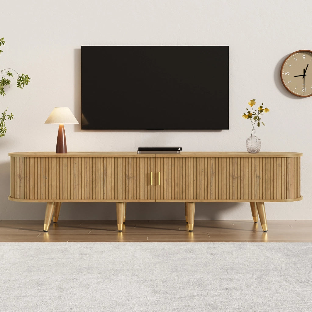 OKWISH Mobile TV con Ante Scorrevoli, 2 Cassetti e Vani Aperti, Passacavi, Stile Naturale, 175×38×45 cm