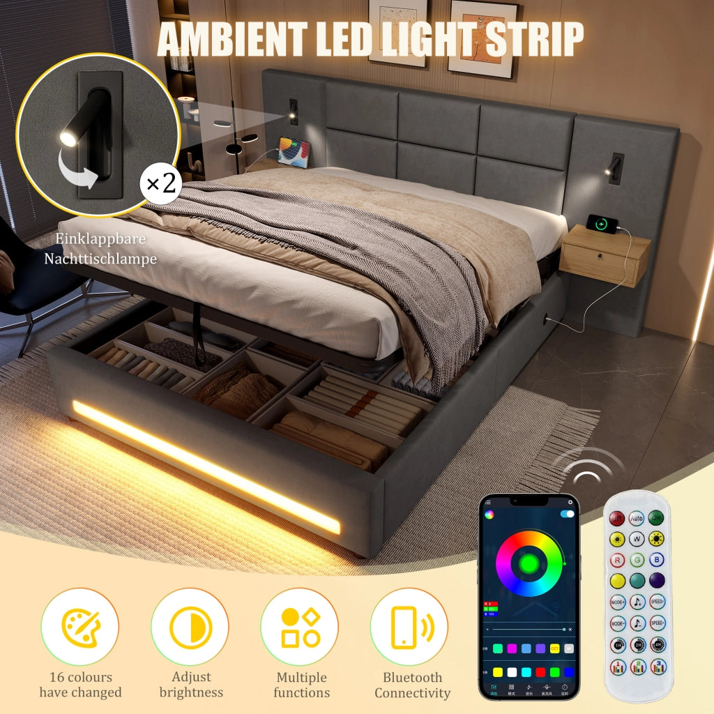 Letto imbottito 180x200 cm con contenitore; LED; USB-C e cassetti in velluto grigio scuro