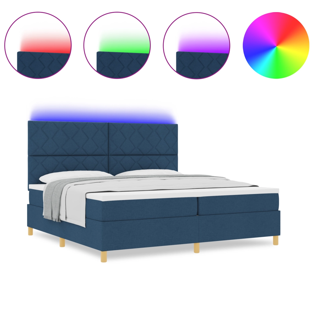 Letto con box spring con materasso e LED blu 200x200 cm in tessuto