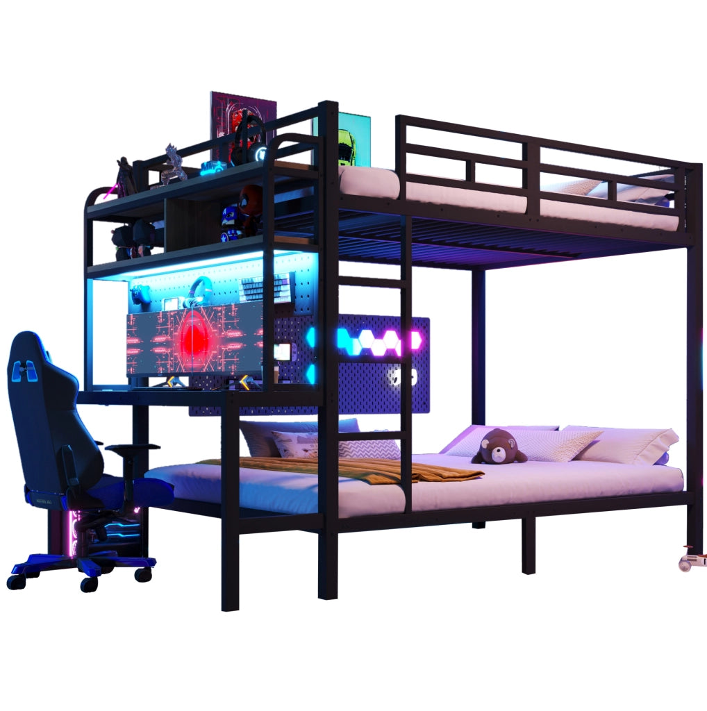Letto a castello 140x200 cm con scrivania, scaffali, LED e USB