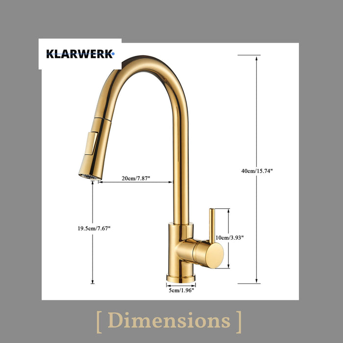 JANA | Rubinetto da cucina estraibile Premium in acciaio inox oro lucido miscelatore arco alto | gastro alta pressione ruotabile a 360° 2 attacchi