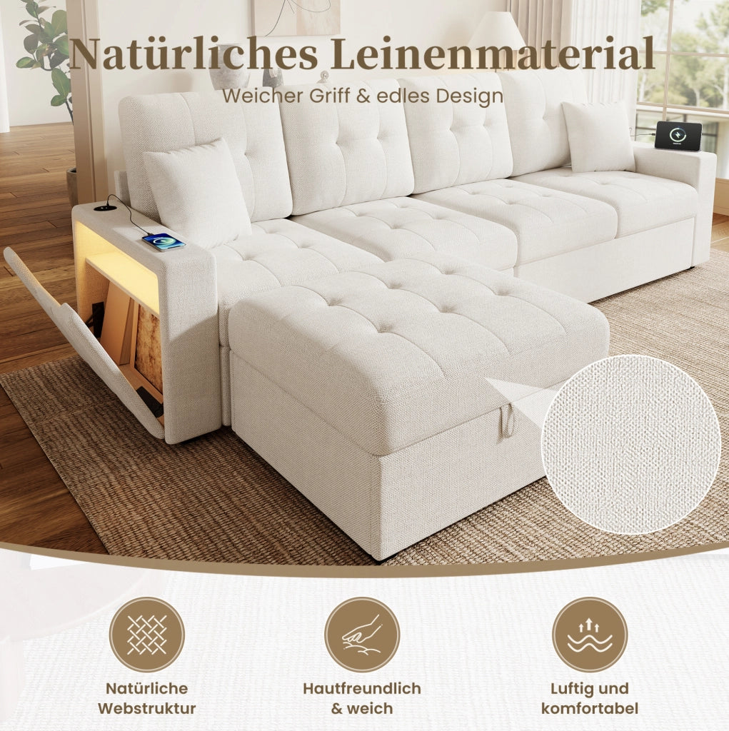 Divano modulare 4 posti beige con pouf contenitore, LED e USB-C