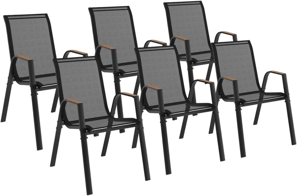 Set di 6 sedie da giardino impilabili NOUMEA in metallo e textilene, nero e legno