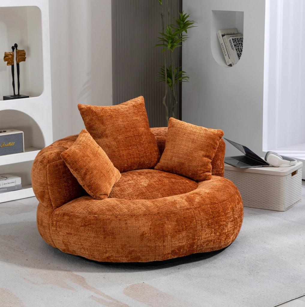 Sedia pouf lazy in chenille arancione 108x108x52 cm; con schienale alto e braccioli