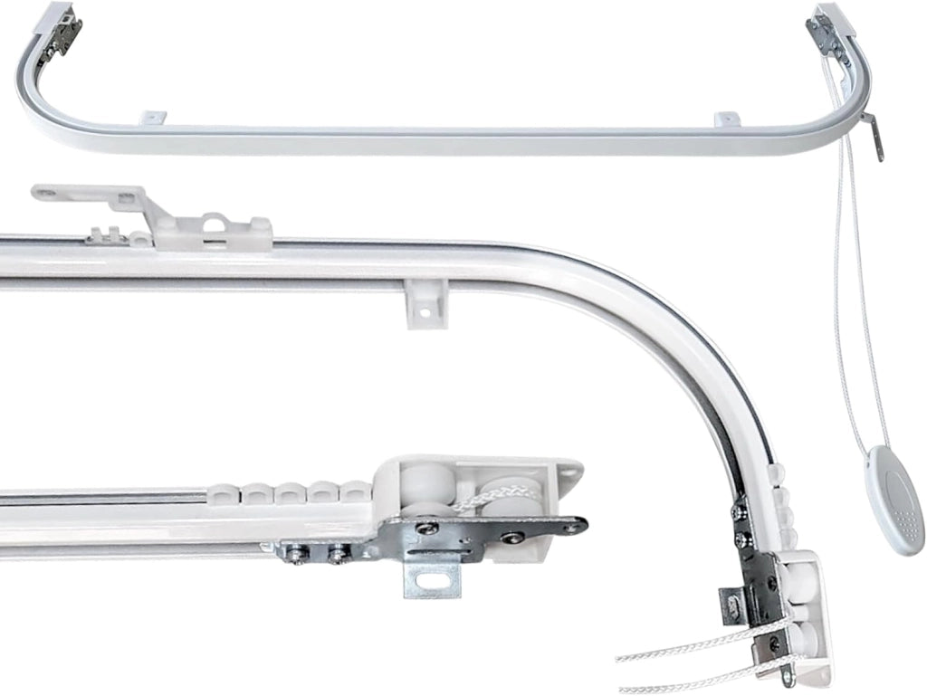 Binario Scorritenda da Parete in Alluminio Bianco, Curve Sporgenti 22cm, Movimento a Corda, Apertura Centrale CM lunghezza 320cm