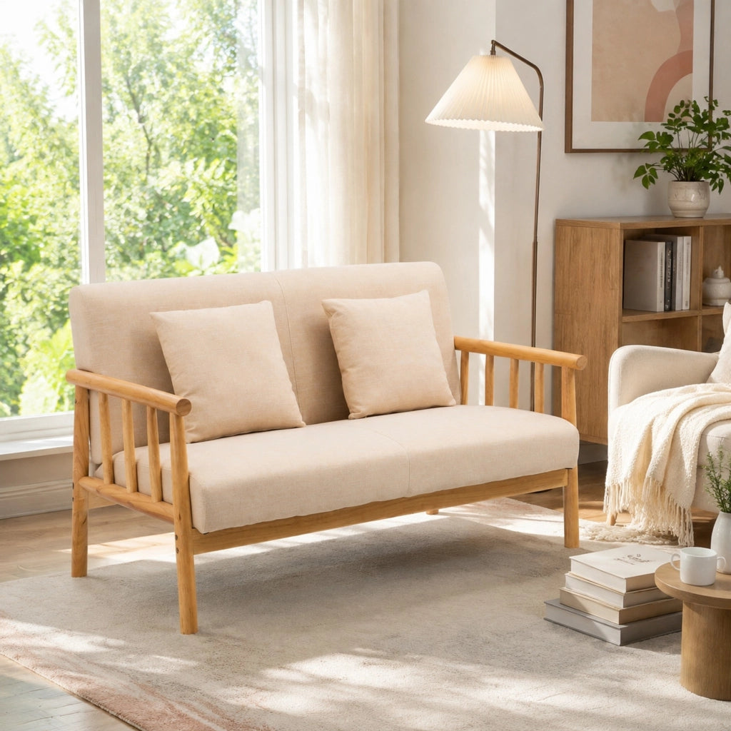 Divano 2 posti ULEVR 123x69x74 cm beige con struttura in legno di gomma e 2 cuscini decorativi