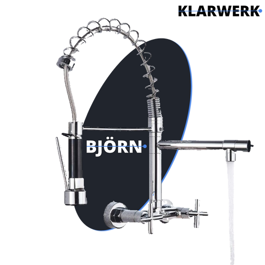 Björn | Herraje de pared para gastronomía argent brillante Grifo  cocina profesional de acero inoxidable con dos duchas|doble lavabo pared restaurante