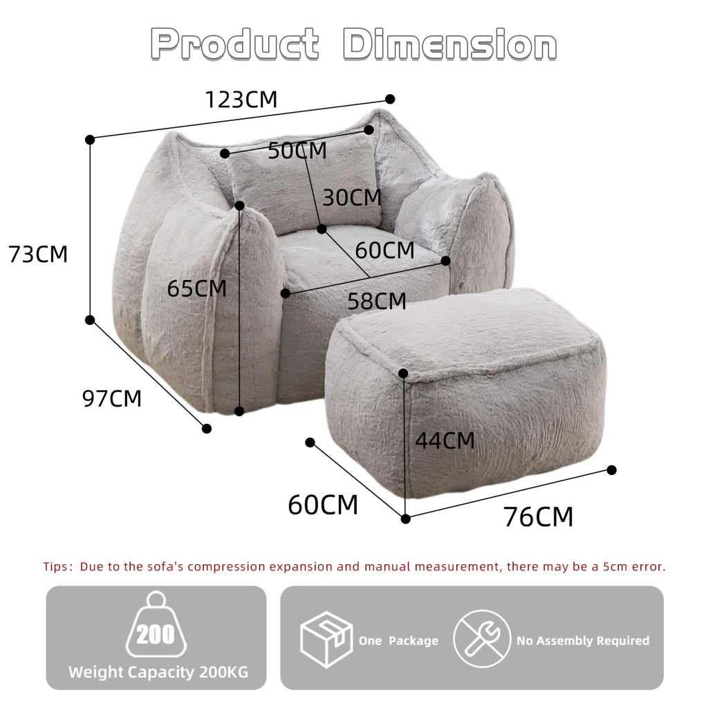Pouf poltrona ergonomico con poggiapiedi e imbottitura in schiuma, per soggiorno, in pelliccia sintetica grigio