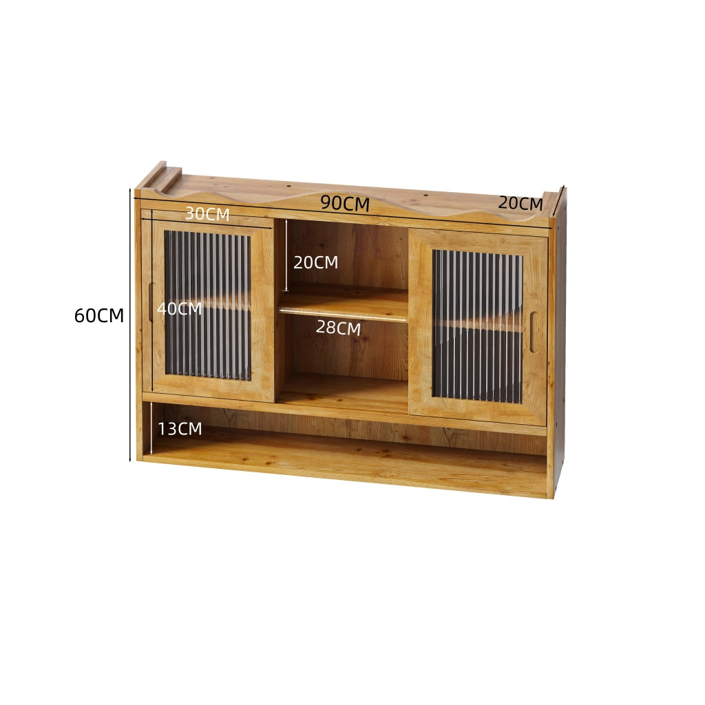 Pensile con 2 Ante Scorrevoli e 3 Ripiani Rimovibili; Stile Retrò; in Legno Massello e Vetro; 90×20×60 cm; Naturale